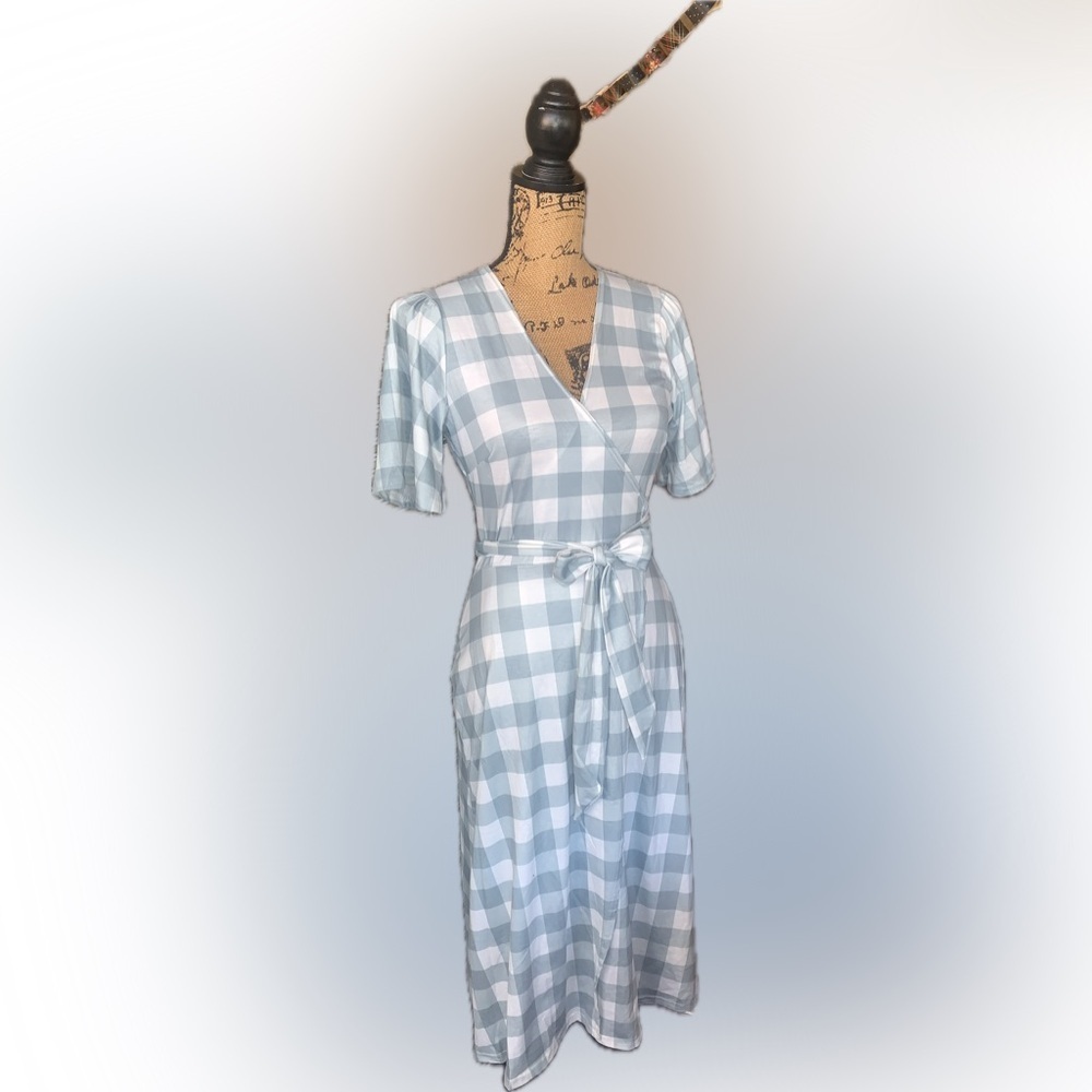Cottagecore Seafoam Green White Gingham Plaid Flowy Wrap Midi Dress 4 Country - Picture 2 of 11